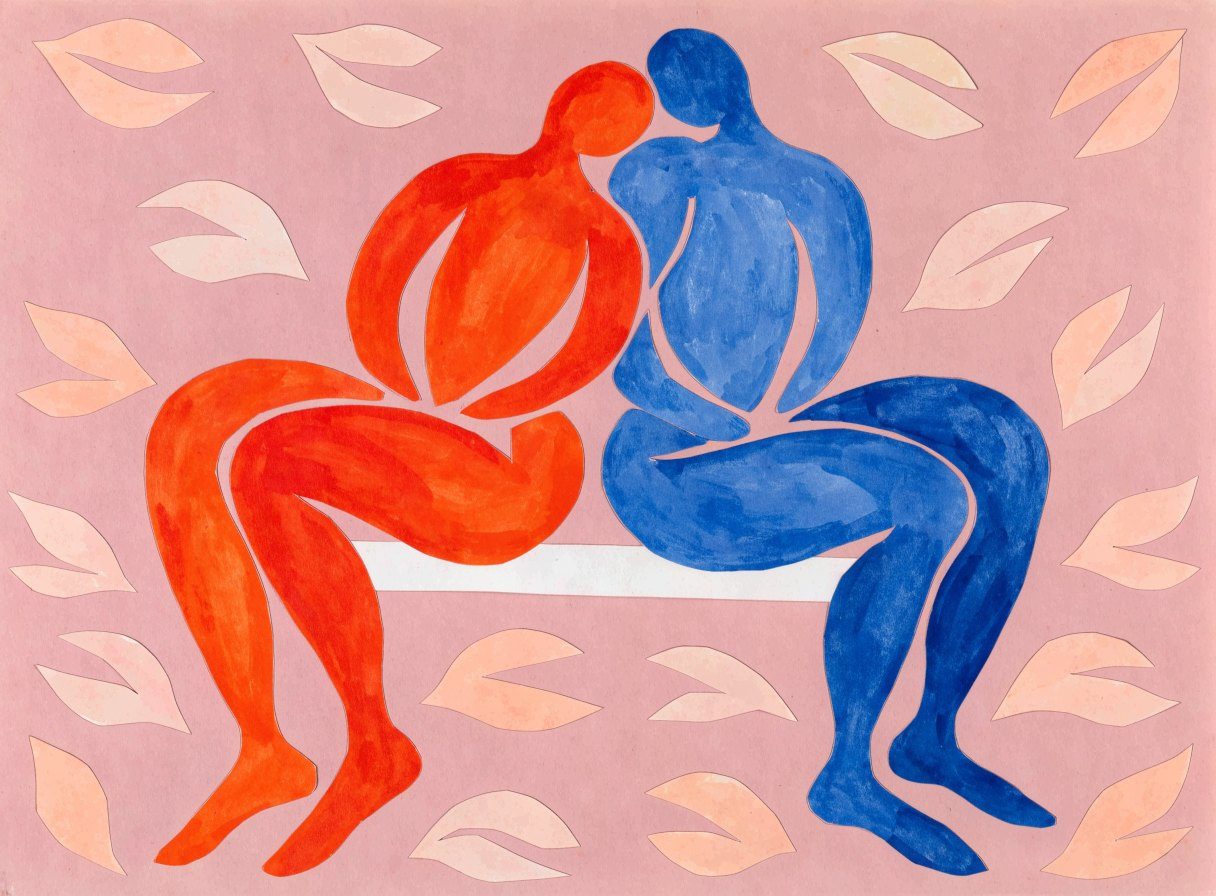 Papier découpé façon Matisse : un couple assis sur un banc, têtes penchées l'une vers l'autre