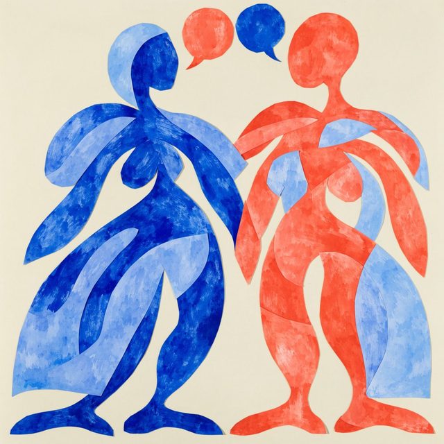 Papier découpé : deux silhouettes se parlent, deux bulles entre elles