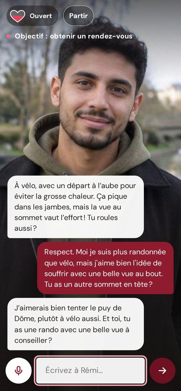 Capture sur téléphone : un échange de messages avec Rémi sur Tinder, à propos du mont Ventoux