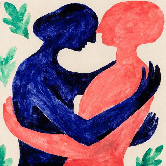 Papier découpé : deux femmes, l'une bleue, l'autre corail, s'enlacent joue contre joue parmi des feuilles