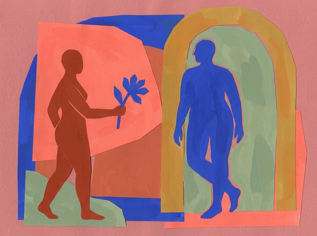 Papier découpé : une silhouette tend une fleur à distance, l'autre se tient libre devant une porte ouverte