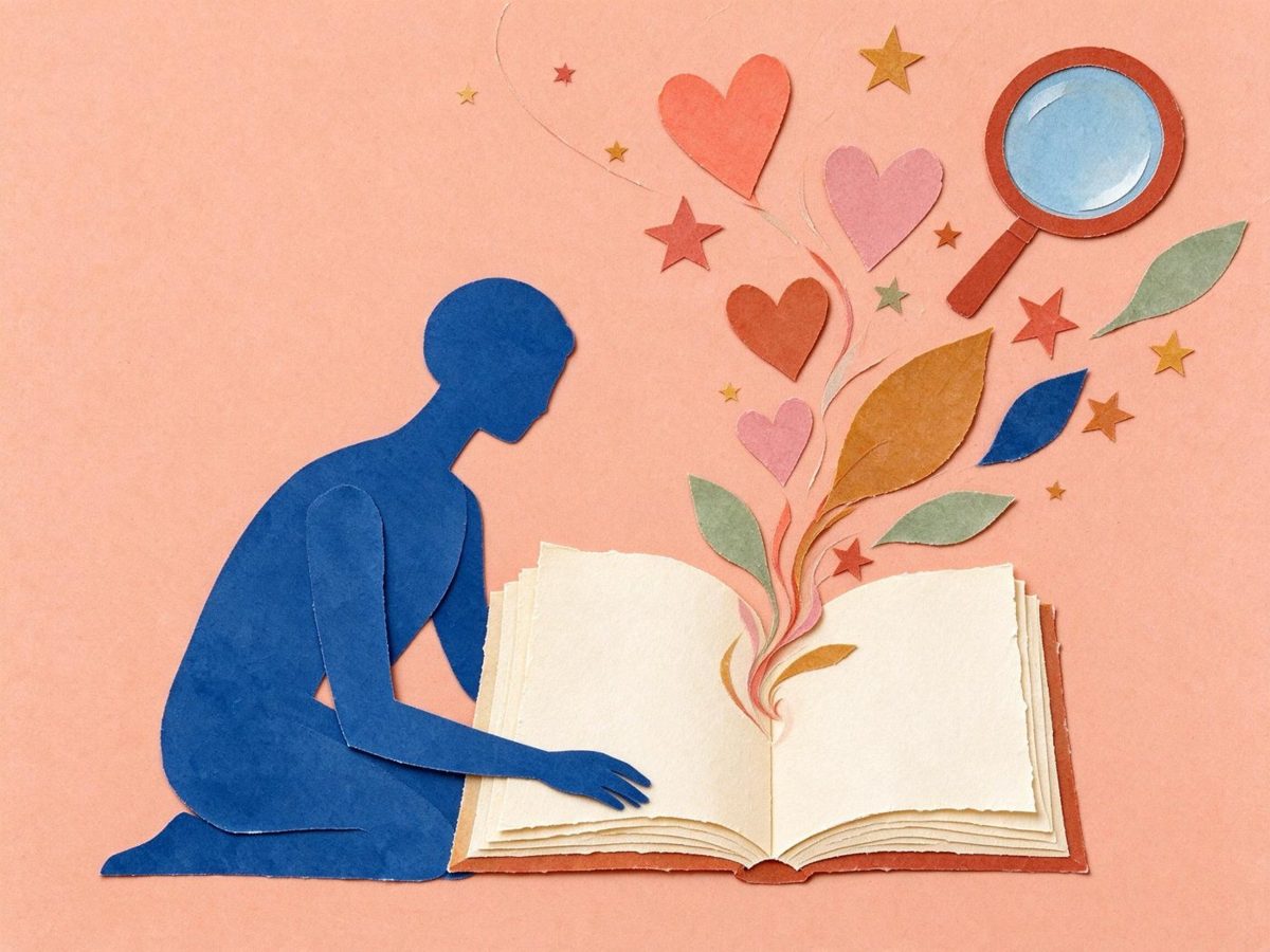 Papier découpé : une silhouette bleue lit un grand livre d'où s'envolent des cœurs, des feuilles et une loupe