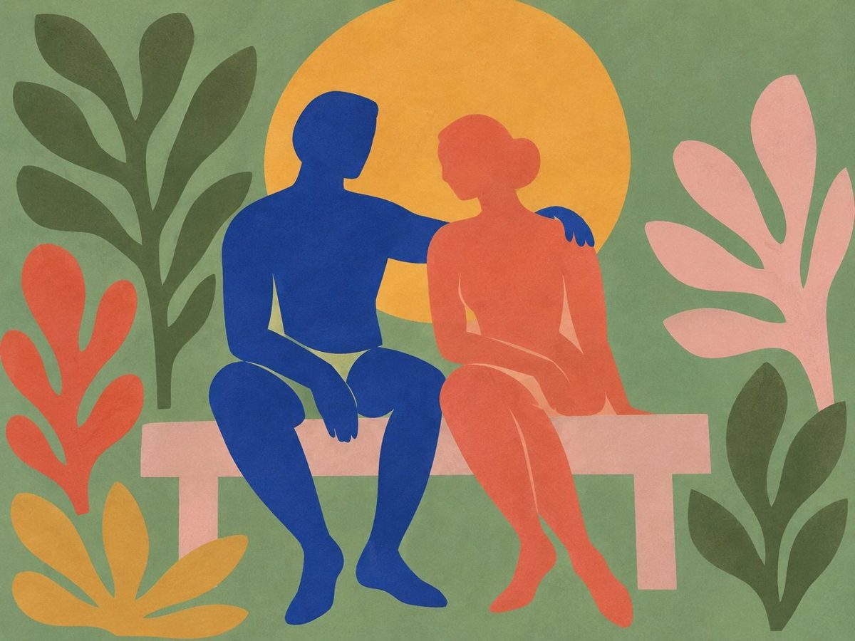 Papier découpé : deux silhouettes sur un banc, l'une pose la main sur l'épaule de l'autre, devant un grand soleil