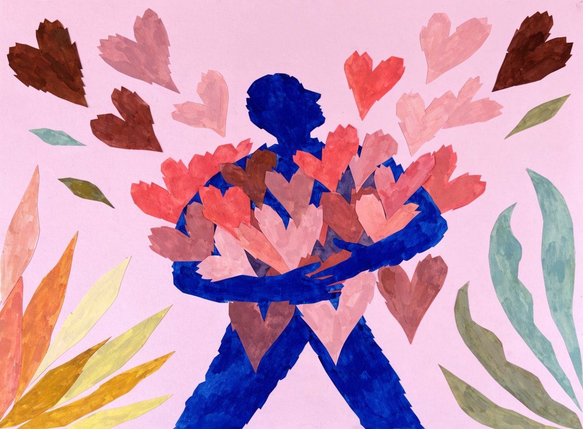 Papier découpé : une silhouette bleue porte une brassée de cœurs corail et roses